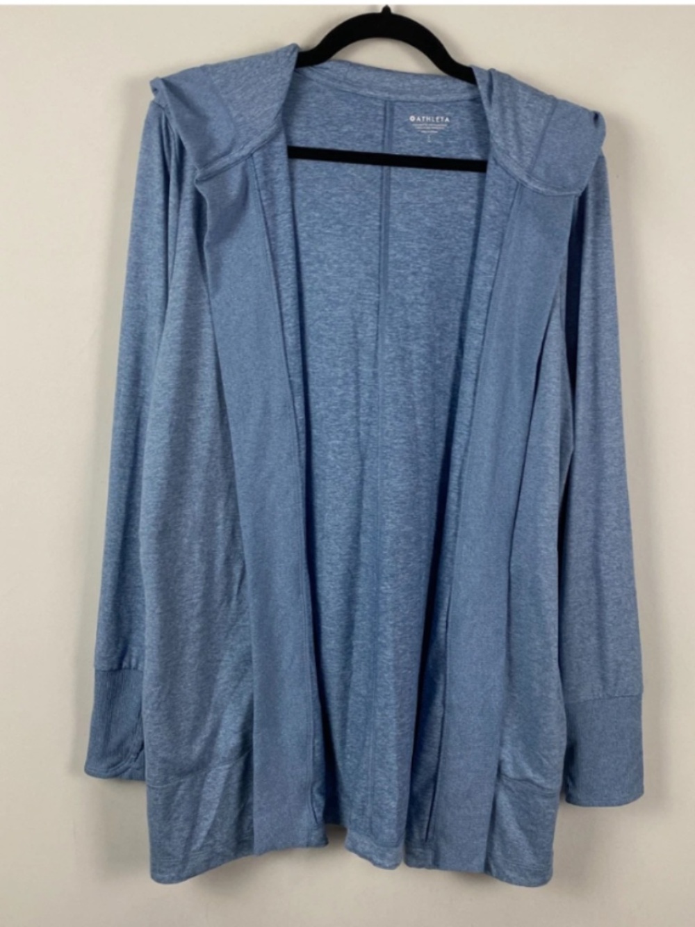 Athleta heathered blue hooded wrap cardigan open front size Medium